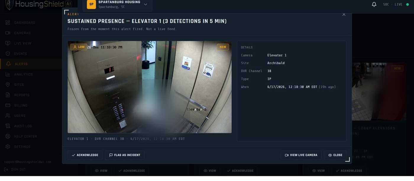 HousingShield AI alert with frozen snapshot evidence